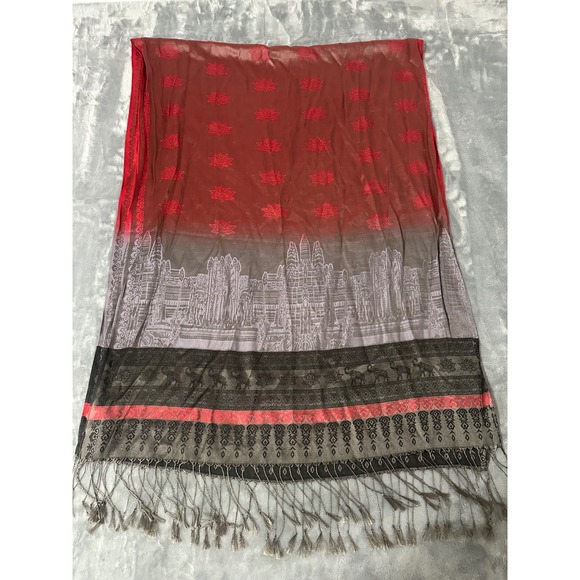 100% Silk Scarf Red Grey Ombre Angkor Wat Temple Lotus Elephant Print Cambodia - Picture 5 of 5